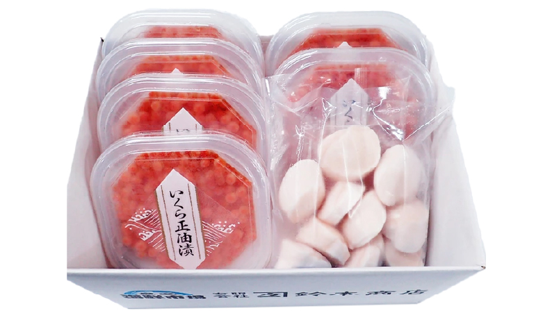 ＜12月10日決済分まで年内配送＞いくら醤油漬け(鮭卵)70g×6P、刺身用ほたて貝柱200g B-14039