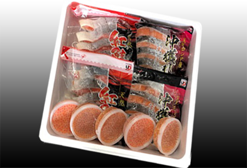 ＜12月21日決済分まで年内配送＞甘塩紅鮭5切×10P、甘塩時鮭5切×10P、いくら醤油漬け100g×5Ｐセット E-30002