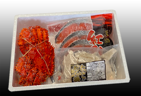 ＜12月21日決済分まで年内配送＞花咲かに400g前後～550g前後×1尾、タコから揚げ250g×1P、紅鮭5切×1P A-30056