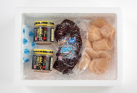 【北海道根室産】生くじら約300g、鮭ほぐし80g×2瓶、ほたて500g C-45015