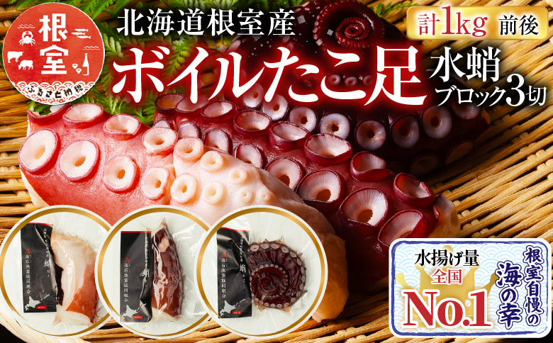 ＜12月14日決済分まで年内配送＞【北海道根室産】ボイルたこ足(水蛸)ブロック3切(計1kg前後) A-20003