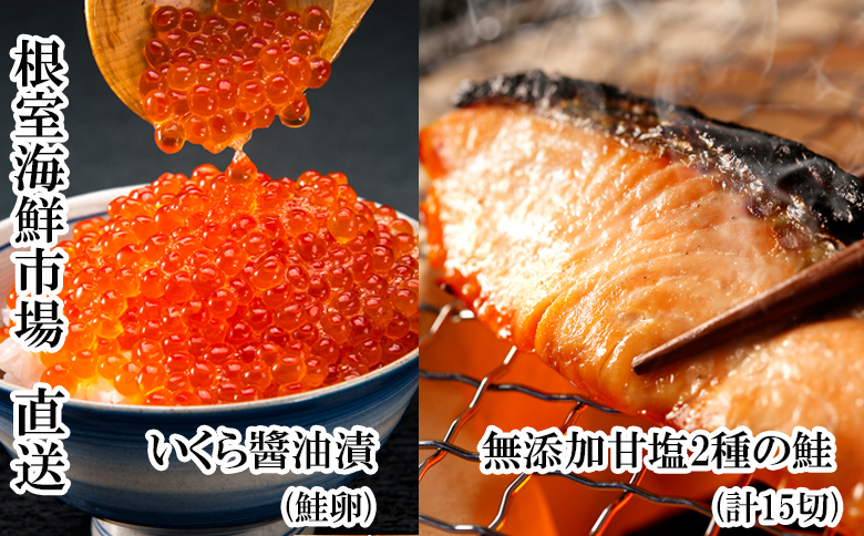 根室海鮮市場＜直送＞無添加天然甘塩鮭3種各5切、いくら醤油漬け(鮭卵)70g×1P A-28088