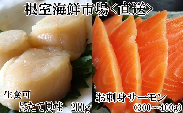 ＜12月10日決済分まで年内配送＞根室海鮮市場＜直送＞刺身用ほたて貝柱200g・刺身用トラウトサーモン(背)300～400g×1本 A-28208