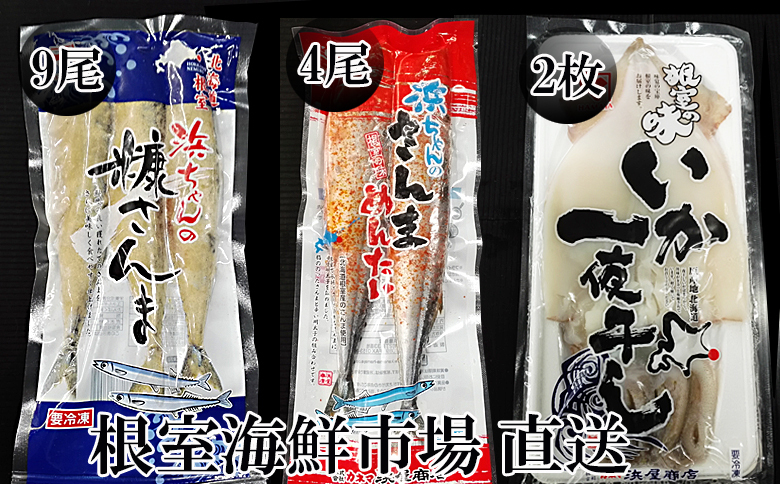 【北海道根室産】根室海鮮市場＜直送＞いか一夜干し2枚・さんま明太4尾・糠さんま9尾 A-28260