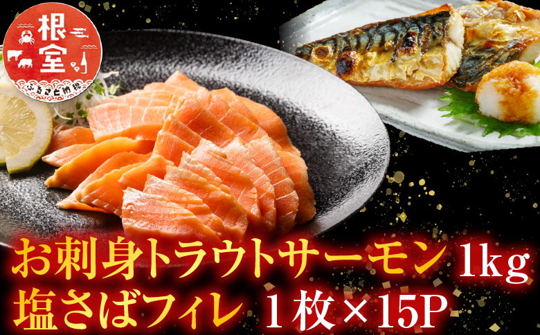 お刺身トラウトサーモン1kg、塩さばフィレ1枚×15P B-09054
