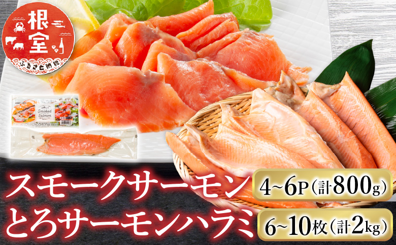 ＜12月14日決済分まで年内配送＞スモークサーモン4～6P(計800g)＆とろサーモンハラミ6～10枚(計2kg) B-09100