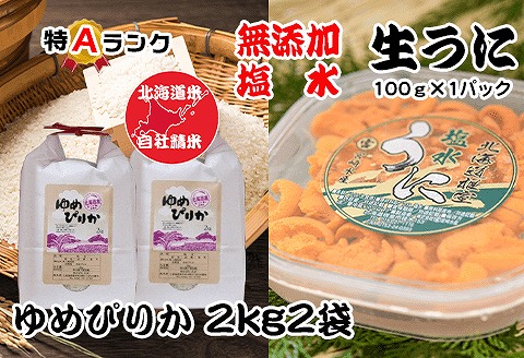 エゾバフンウニ塩水パック100g、ゆめぴりか2kg×2袋  F-65011