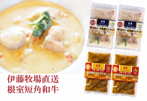 ＜12月17日決済分まで年内配送＞鮭・ほたて・花咲蟹シチュー2P、牛すじカレー2Pセット A-13008