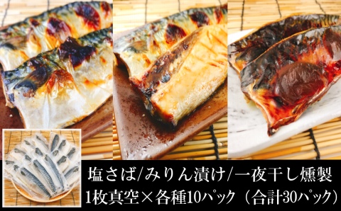 [個包装]さばフィレ(塩さば・みりん漬け・一夜干し燻製)1枚×各10P(計30P) B-09035