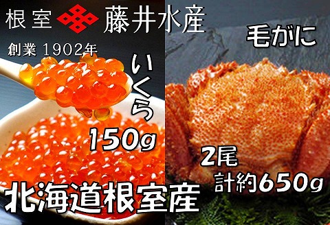 <年内配送可>【北海道根室産】いくら醤油漬け150g、ボイル毛がに2尾(計約650g) B-42073