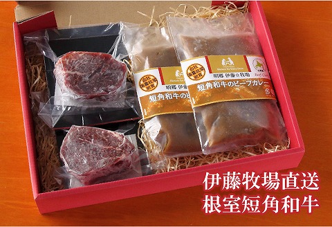 【北海道根室産】短角和牛ヒレステーキ150g×2P、ビーフカレー2P C-13004