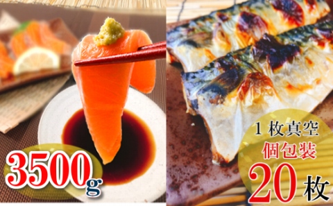 ＜12月14日決済分まで年内配送＞お刺身トラウトサーモン3.5kg、塩さばフィレ1枚×20Ｐ D-09020