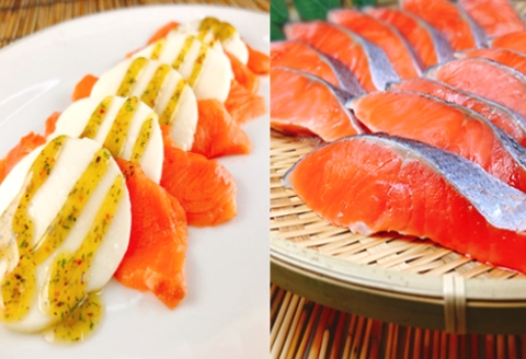 ＜12月14日決済分まで年内配送＞スモークサーモンカプレーゼ8～12P(計1.5kg)＆塩銀鮭切り身1切(約70g)×35P D-09042