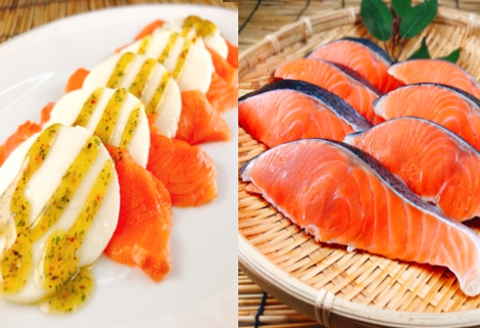 ＜12月14日決済分まで年内配送＞スモークサーモンカプレーゼ20～30P(計3kg)＆塩キングサーモン切り身1切(約100g)×20P E-09010