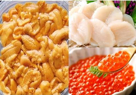 エゾバフンウニ塩水パック150g×1P、いくら醤油漬け150g×1P、お刺身ホタテ貝柱500g×1P[11月上旬以降発送] E-53003