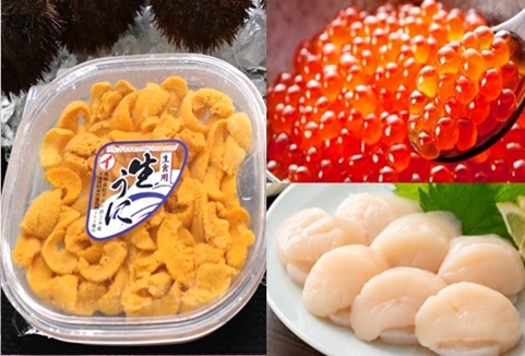 ＜12月17日決済分まで年内配送＞エゾバフンウニ塩水パック150g×1P、いくら醤油漬け150g×1P、お刺身ホタテ貝柱500g×1P[11月下旬以降発送] E-71016
