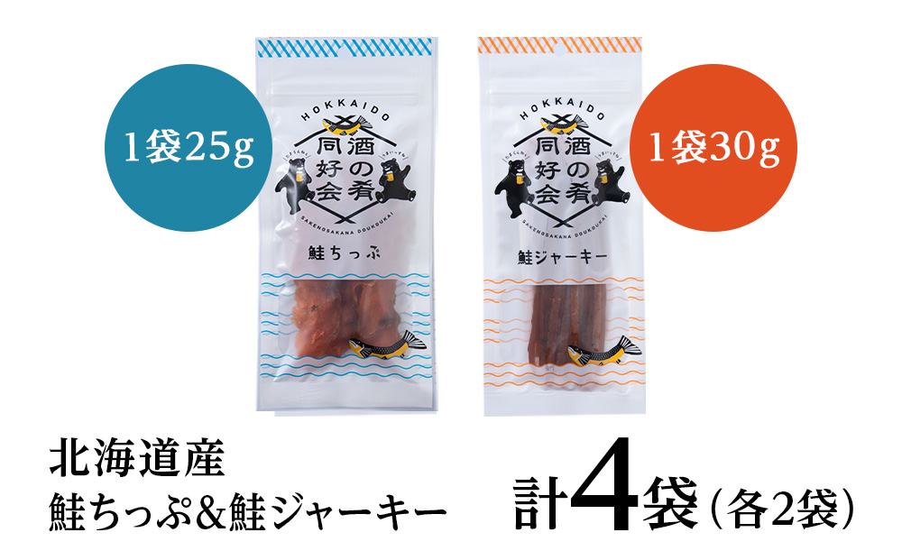 鮭チップ25g　鮭ジャーキー30g　各2袋 おつまみ 酒の肴 プレゼント  おやつ ビール日本酒のあてに 御祝い 細長い ジャーキー シャケ 北海道 ＜佐藤水産＞