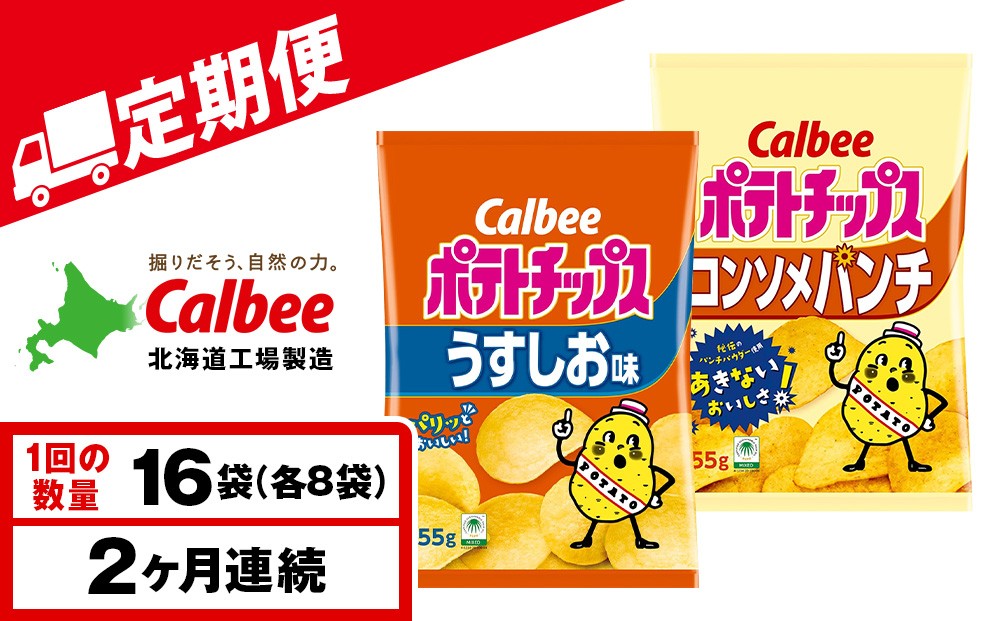 【定期便2カ月】カルビーポテトチップス 2種セット うすしお・コンソメパンチ 各8袋 《千歳工場製造》