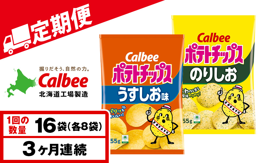 【定期便3カ月】カルビーポテトチップス 2種セット うすしお・のりしお 各8袋 《千歳工場製造》
