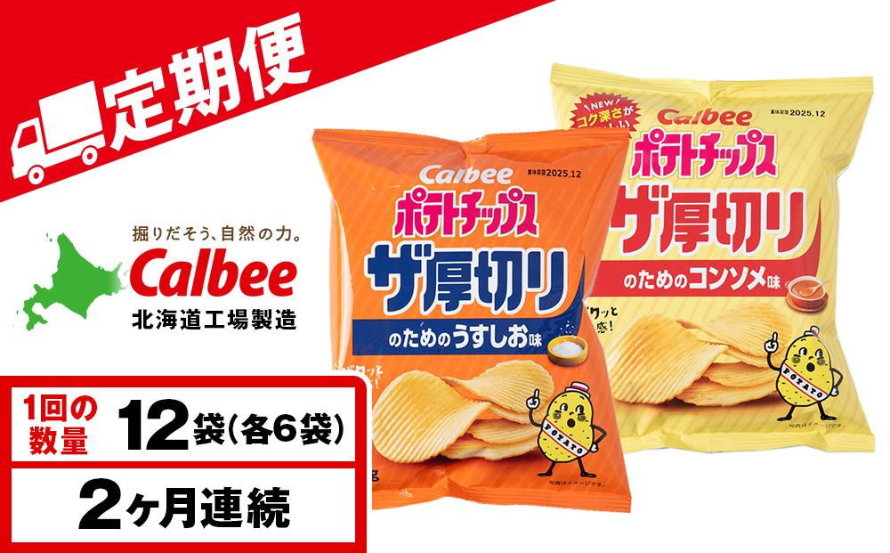 【定期便2カ月】ザ厚切りのための ２種セット うすしお・コンソメ 各6袋 カルビー ポテトチップス 《千歳工場製造》