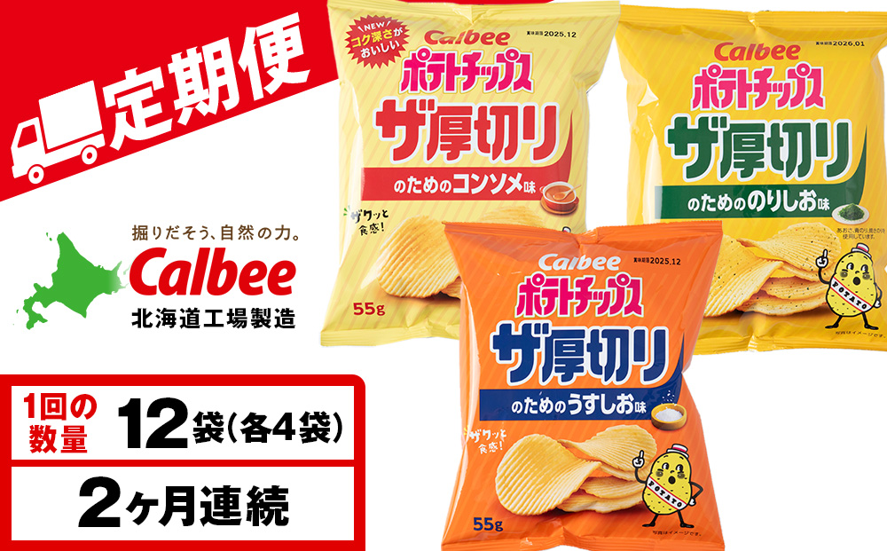 【定期便2カ月】ザ厚切りのための ３種セット うすしお・コンソメ・のりしお 各4袋 カルビー ポテトチップス 《千歳工場製造》