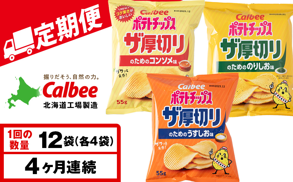 【定期便4カ月】ザ厚切りのための ３種セット うすしお・コンソメ・のりしお 各4袋 カルビー ポテトチップス 《千歳工場製造》