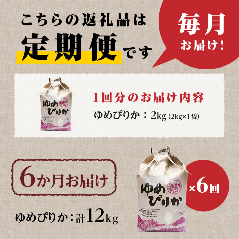 【令和7年産新米】6ヶ月連続お届け!ゆめぴりか2kg | 特A 新米 白米 ブランド米 米 こめ コメ お米 ご飯 ごはん 単一米 滝川市 北海道 北海道産 道産 北海道米 定期便 生活応援 送料無料 おすすめ 人気 お弁当 贈答