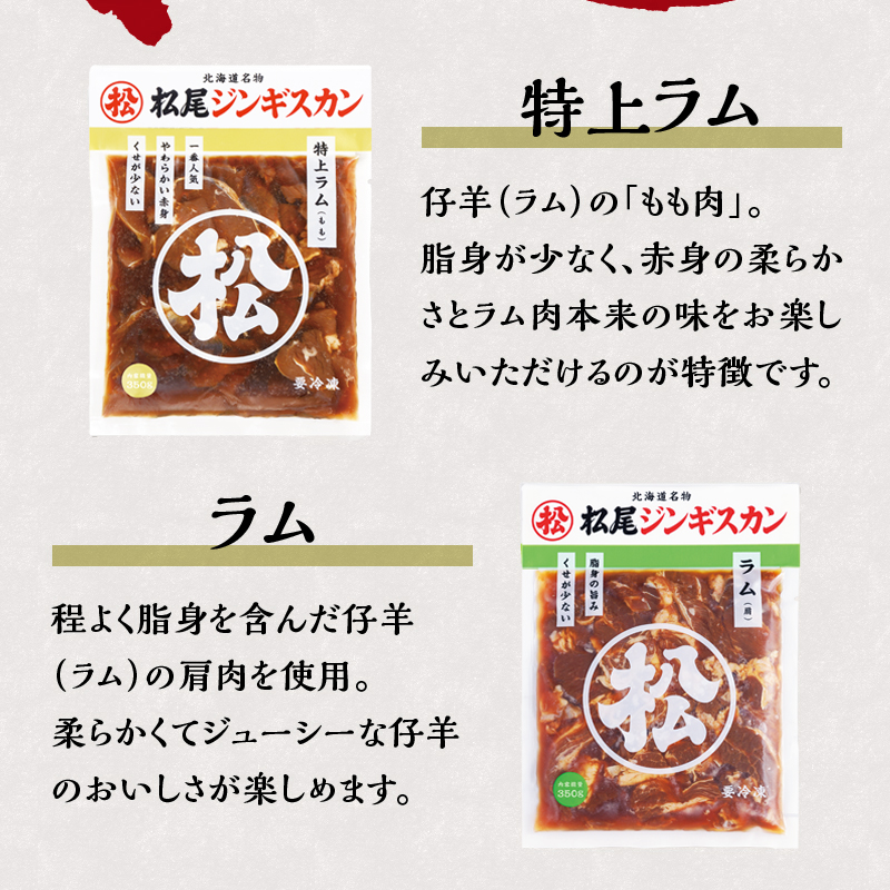 【松尾ジンギスカン】ラム肉食べ比べセットD 北海道 滝川 ソウルフード 成吉思汗 BBQ 肉 焼き肉 焼肉 バーべキュー ラム マトン ラム肉 羊 羊肉 ジンギスカン タレ 味付 個包装 冷凍 おすすめ