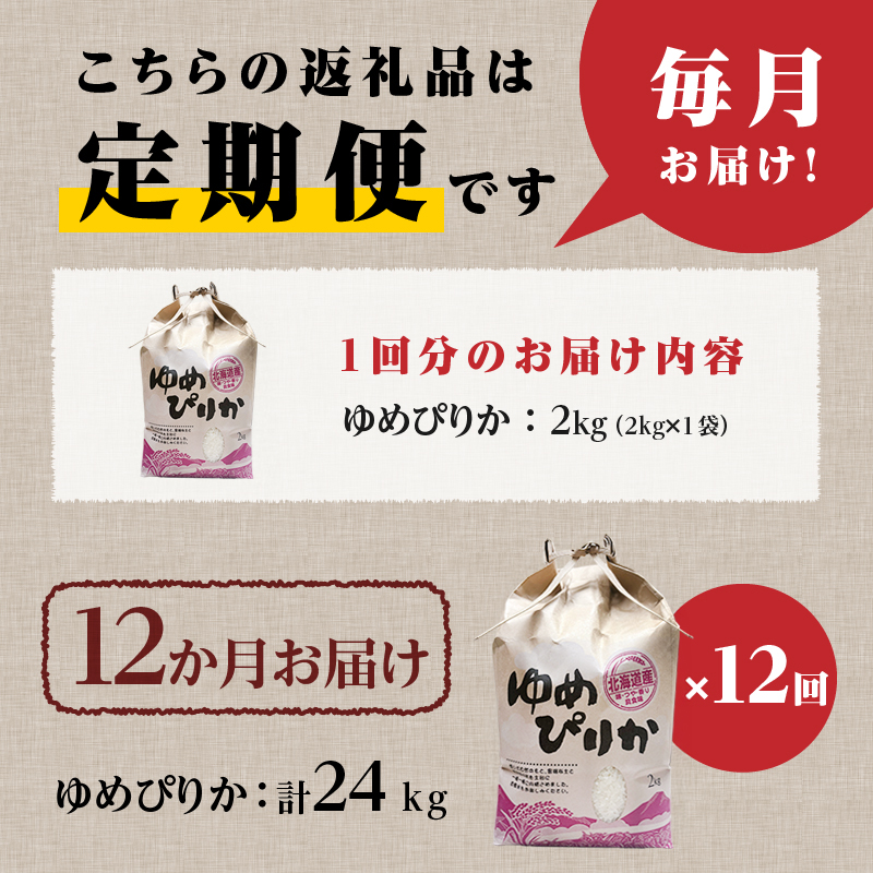 【令和7年産新米】12ヶ月連続お届け!ゆめぴりか2kg | 特A 新米 白米 ブランド米 米 こめ コメ お米 ご飯 ごはん 単一米 滝川市 北海道 北海道産 道産 北海道米 定期便 生活応援 送料無料 おすすめ 人気 お弁当 贈答