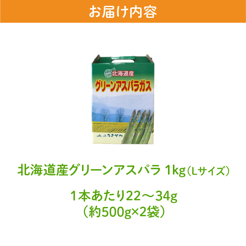 【2026年発送先行受付】北海道産グリーンアスパラ Lサイズ 1kg(500gx2袋) 産地直送 | 野菜 旬 とれたて お取り寄せ 小分け 保存 北海道 滝川市