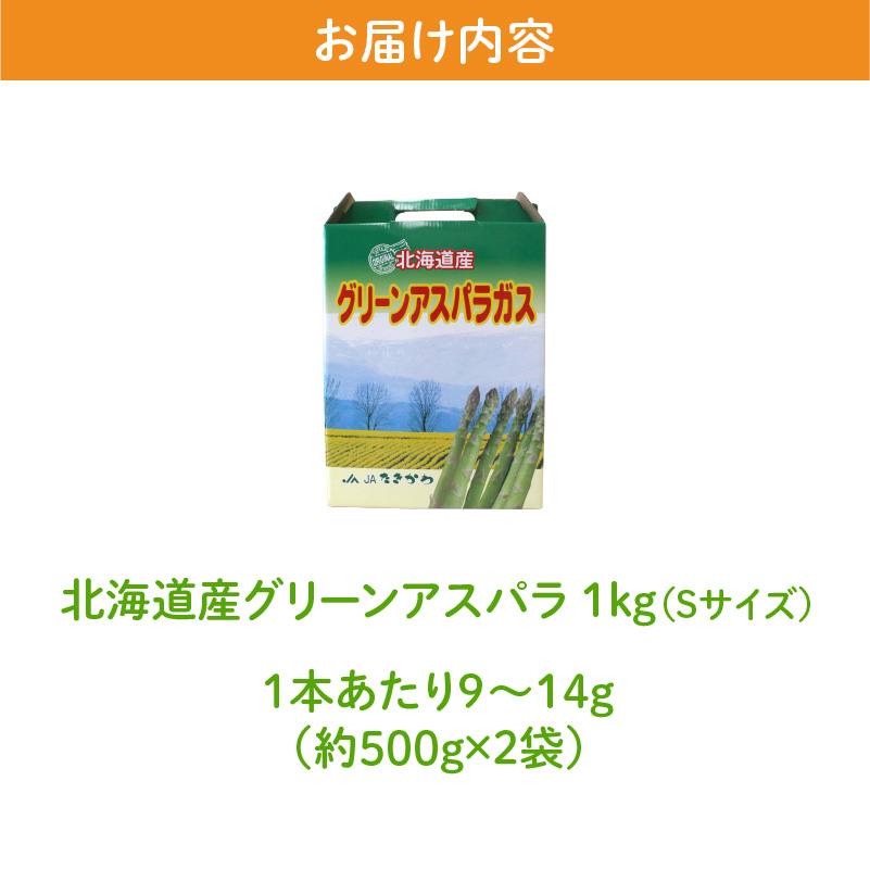 【2026年発送先行受付】北海道産グリーンアスパラ Sサイズ 1kg(500gx2袋) 産地直送 | 野菜 旬 とれたて お取り寄せ 小分け 保存 北海道 滝川市