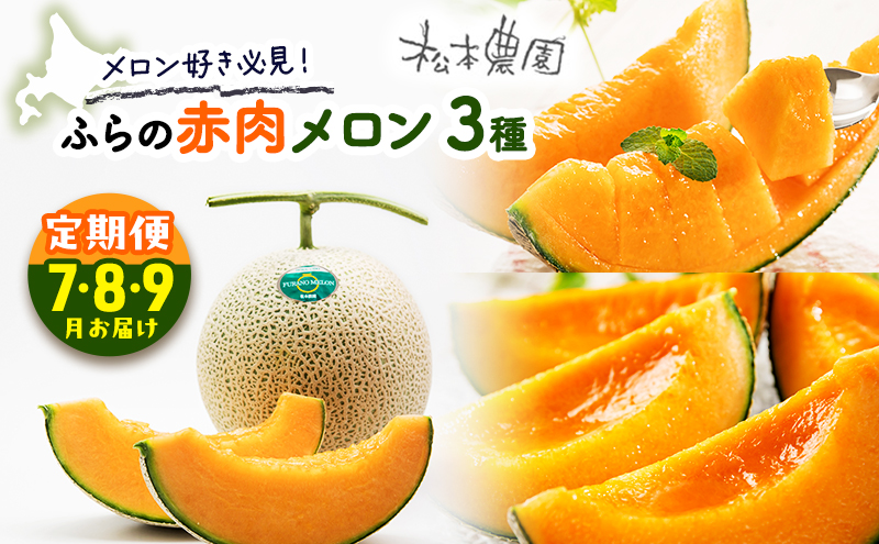 【2026年7～9月連続お届け】メロン 好き必見！ ふらの 赤肉 メロン3種 贅沢 定期便 北海道 富良野市 食べ比べ (松本農園) メロン フルーツ 果物 新鮮 甘い 贈り物 ギフト 道産 ジューシー おやつ ふらの ブランド 夏