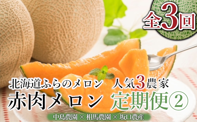 [年3回定期便][2026年7〜8月連続お届け]数量限定! 美味 ふらのメロン 厳選3農家 コラボ 定期便(2) 食べ比べ 赤肉 2玉×3回 合計6玉 (北海道 富良野市 果物 フルーツ 甘い デザート 産地直送 新鮮 先着順 中島農園 相馬農園 坂口農産)