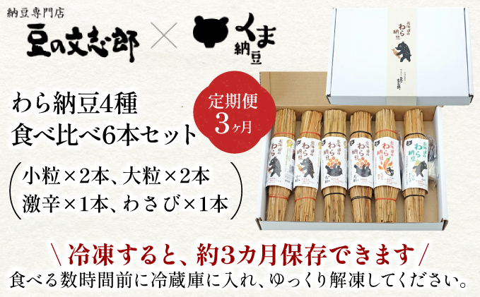 北海道のわら納豆 4種食べ比べ6本セット たれ付き（3ヶ月定期便）[dh-0840]