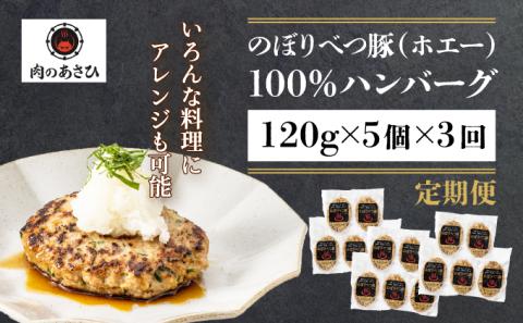 肉のあさひ 大人気！【のぼりべつ乳清豚（ホエー）】ハンバーグ120g×5個[全3回お届け]　[na-0162]