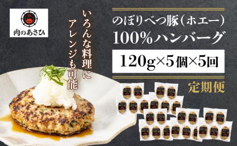 肉のあさひ 大人気！【のぼりべつ乳清豚（ホエー）】ハンバーグ120g×5個[全5回お届け]　[na-0172]