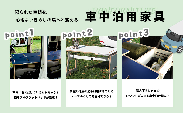 車中泊用家具（バンファニチャー）N-BOX専用　スタンダード　ダブル　フルセット（グリーン）【460020】