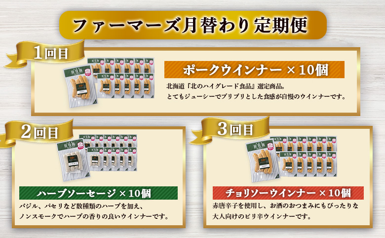 【定期便：3回】《毎月違うのが届く！》北海道産放牧豚 無添加ウインナー・ソーセージ定期便（3種各10個）【120101】