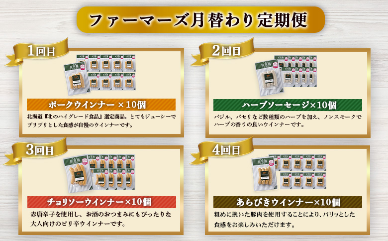 【定期便：4回】《毎月違うのが届く！》北海道産放牧豚 無添加ウインナー・ソーセージ定期便（4種各10個）【120102】