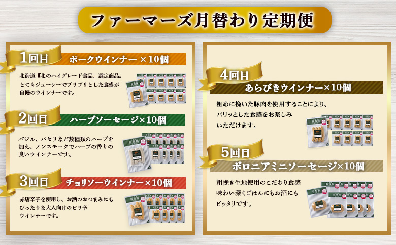 【定期便：5回】《毎月違うのが届く！》北海道産放牧豚 無添加ウインナー・ソーセージ定期便（5種各10個）【120103】