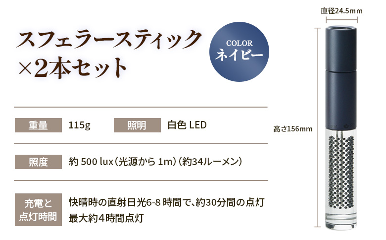 【世界初の全方位受光ソーラー】スフェラースティック（カラー：ネイビー）×2本セット【080022】 ネイビー（2本）