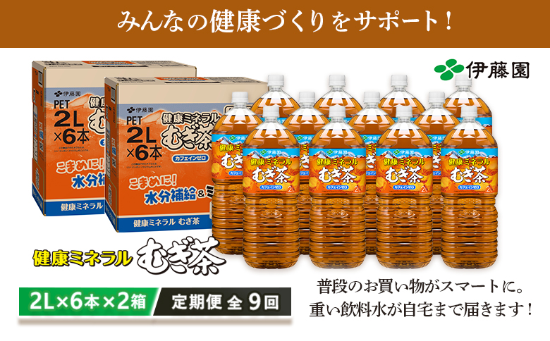 『定期便：全9回』健康ミネラル麦茶2L×6本×2箱【500021】