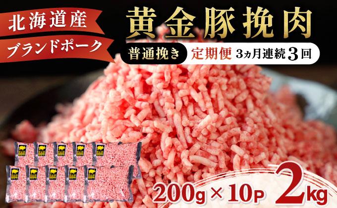 北海道 定期便 3ヵ月連続3回 豚ひき肉 普通挽き 200g 10パック 伊達産 黄金豚 三元豚 ミンチ 挽肉 お肉 小分け ハンバーグ 餃子 そぼろ 大矢 オオヤミート 冷凍 送料無料