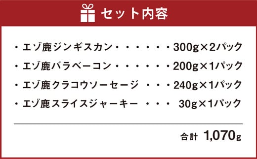 エゾ鹿加工品セットB  ( ジンギスカン ジャーキー ベーコン ソーセージ ) エゾ鹿 鹿 加工品 セット 肉 希少部位 ロース 北海道 北広島市