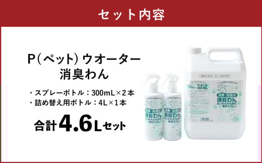 P（ペット）ウオーター消臭わん スプレーボトル （300ml）×2本・詰め替え用ボトル4L 合計4.6Lセット  次亜塩素酸水 ペット用 ペット 除菌 消臭 スプレー 感染対策
