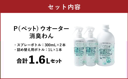 P（ペット）ウオーター消臭わん スプレーボトル （300ml）×2本・詰め替え用ボトル1L 合計1.6Lセット 次亜塩素酸水 ペット用 ペット 除菌 消臭 スプレー 感染対策