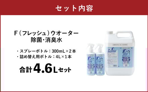 F（フレッシュ）ウオーター除菌・消臭水 スプレーボトル （300ml）×2本・詰め替え用ボトル4L 合計4.6Lセット 次亜塩素酸水 除菌 消臭 スプレー 感染対策