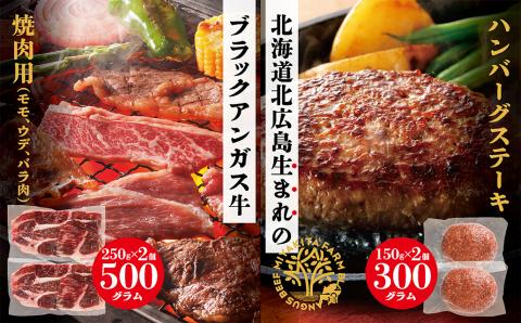 北海道 北広島産 ブラックアンガス牛 焼肉 ミックススライス (250g×2) ハンバーグ (150g×2) 牛肉 モモ肉 バラ肉
