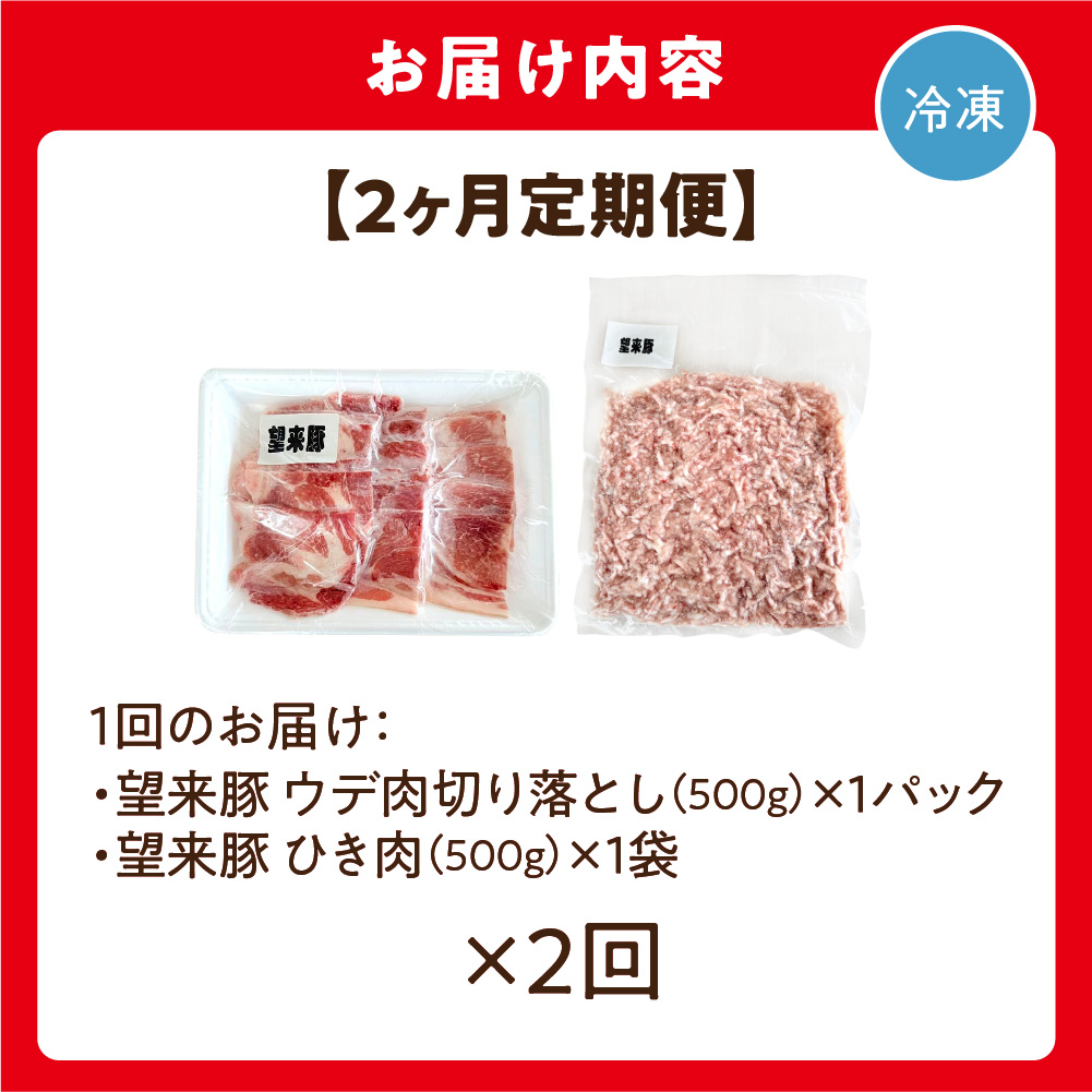 【定期便2回】望来豚ウデ肉切り落とし500g・ひき肉500g×2回（合計2kg）_is082-007-999
