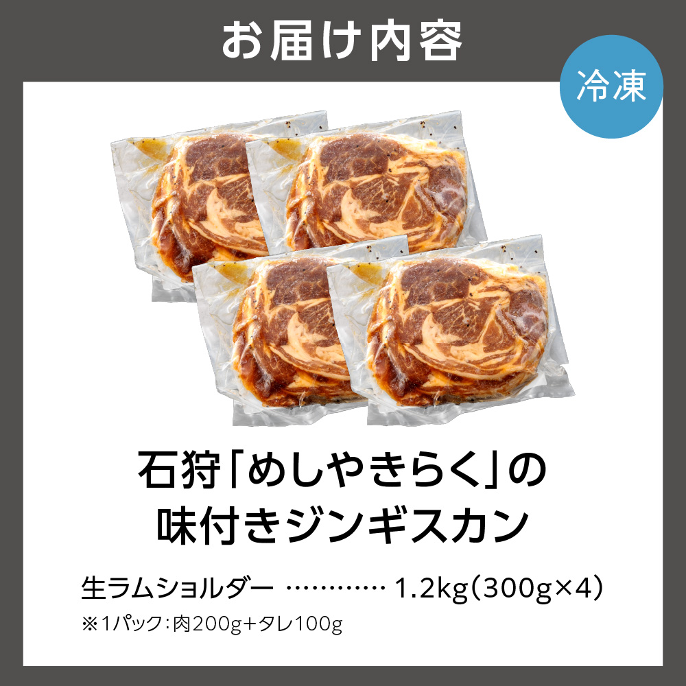 石狩めしやきらくの味付きジンギスカン 計1.2kg（300g（肉200g、タレ100g）x4）_is068-018-000